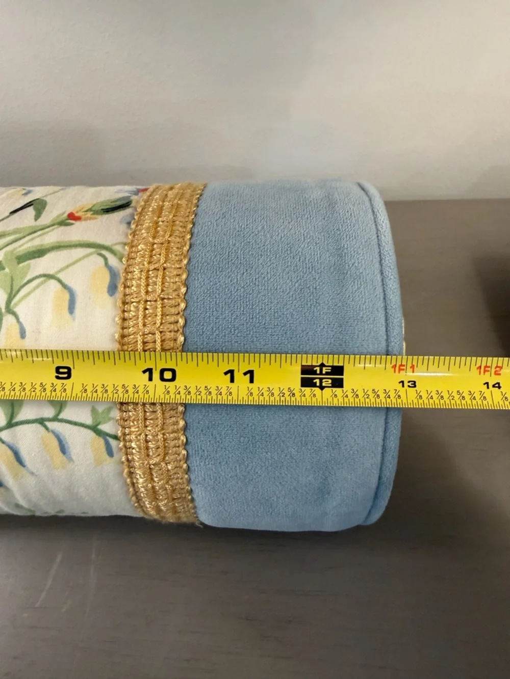 Vintage Bolster Pillow Floral Chintz & Blue Velvet Fabric Gold Trim Button Ends - Picture 8 of 9